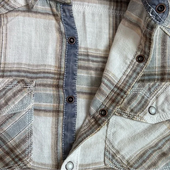 BKE Vintage Tailored Fit Plaid Western Pearl Snap Shirt Mens Medium Cream Blue - Picture 4 of 7